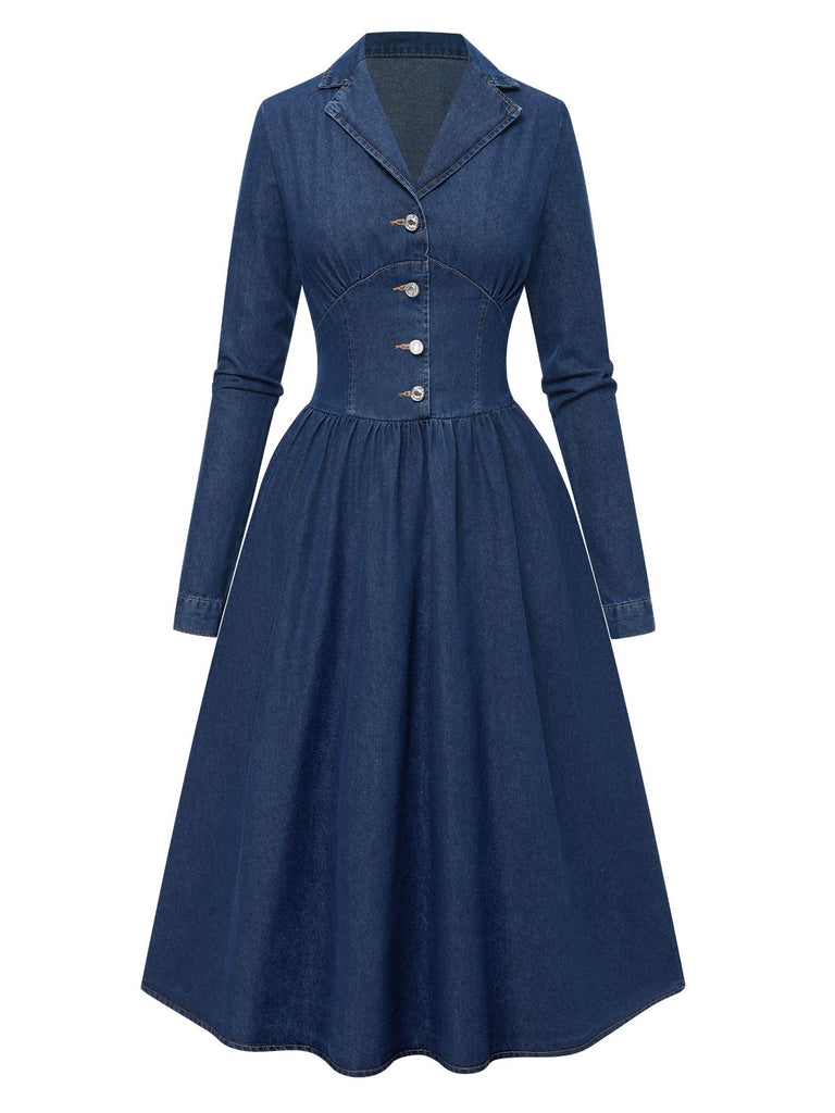 Blue 1970s Notched Collar Long Denim Dress