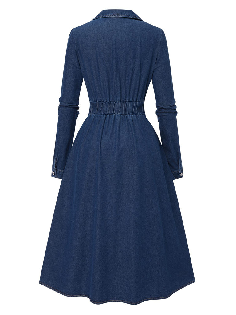 Blue 1970s Notched Collar Long Denim Dress