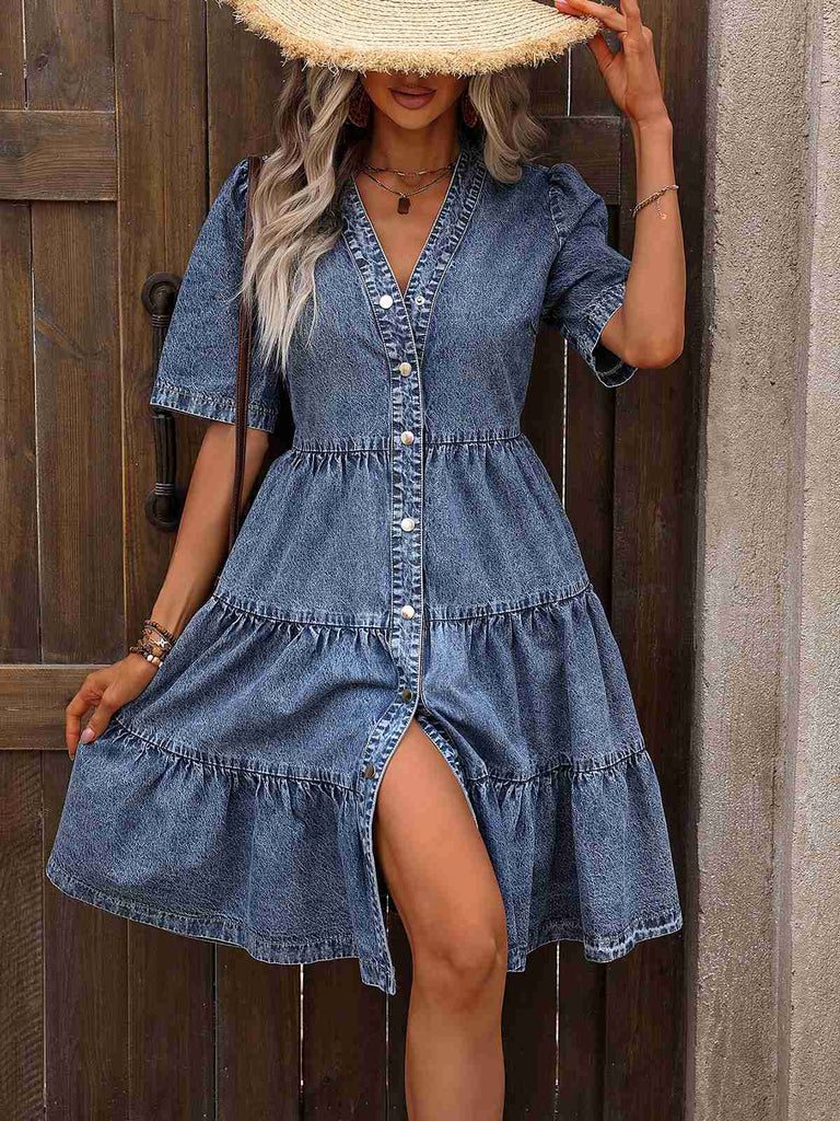 Blue 1970s V-Neck Half Sleeves Denim Dress