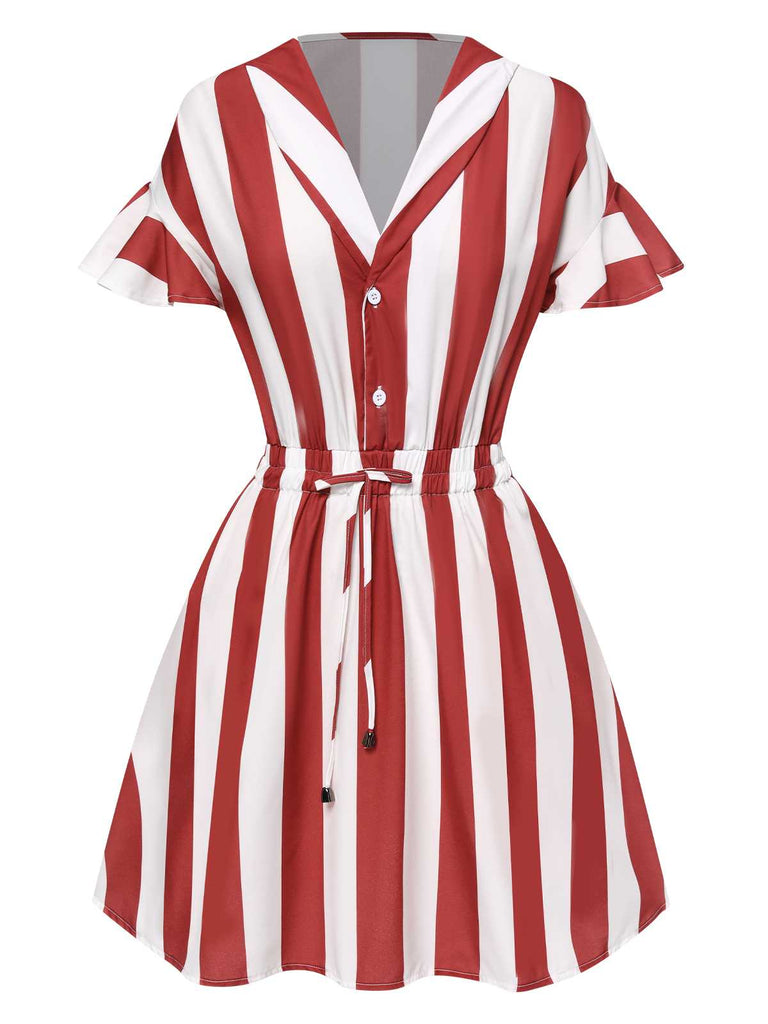 1950s Lapel Red And White Striped Dress