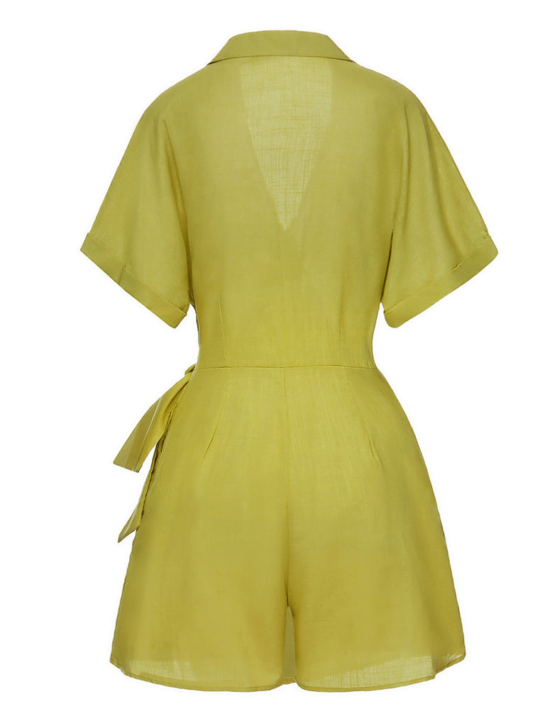 Green 1940s V-Neck Lapel Waist Tie Romper