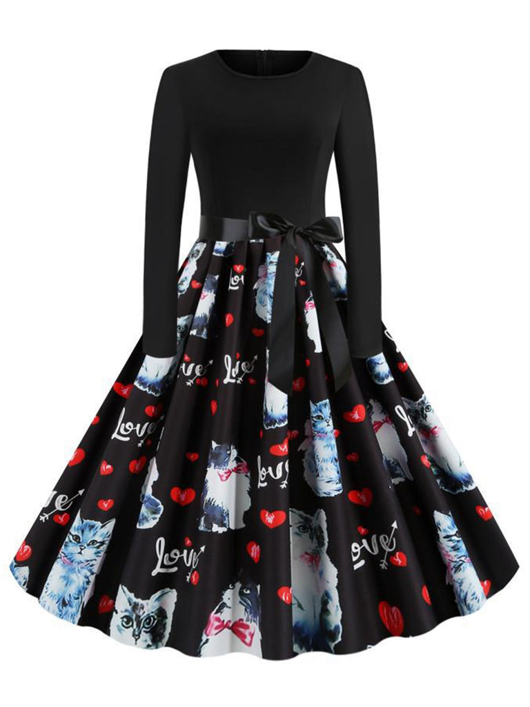 Black 1950s Cat Love Belted Dress