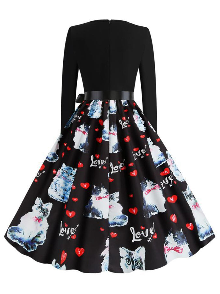 Black 1950s Cat Love Belted Dress