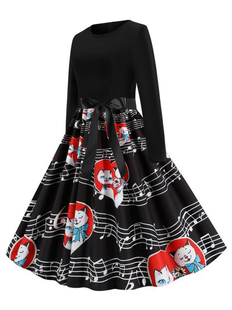 Black 1950s Valentine Cats & Music Note Patchwork Dress