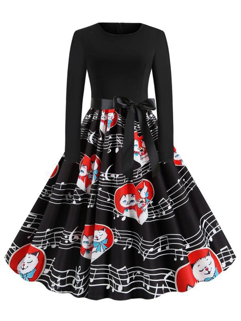 Black 1950s Valentine Cats & Music Note Patchwork Dress