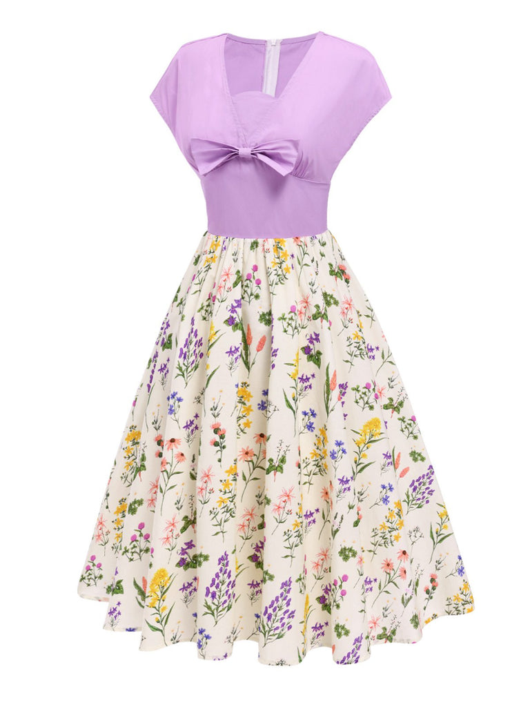 [Pre-Sale] Purple 1950s V-Neck Bow Floral Cotton Dress