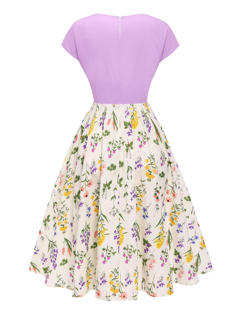 [Pre-Sale] Purple 1950s V-Neck Bow Floral Cotton Dress