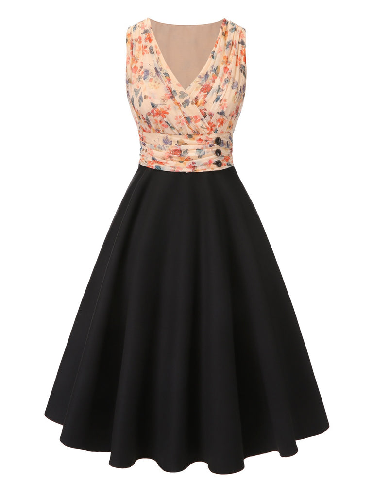 [Pre-Sale] Black 1950s Ruched Floral Mesh Patchwork Dress