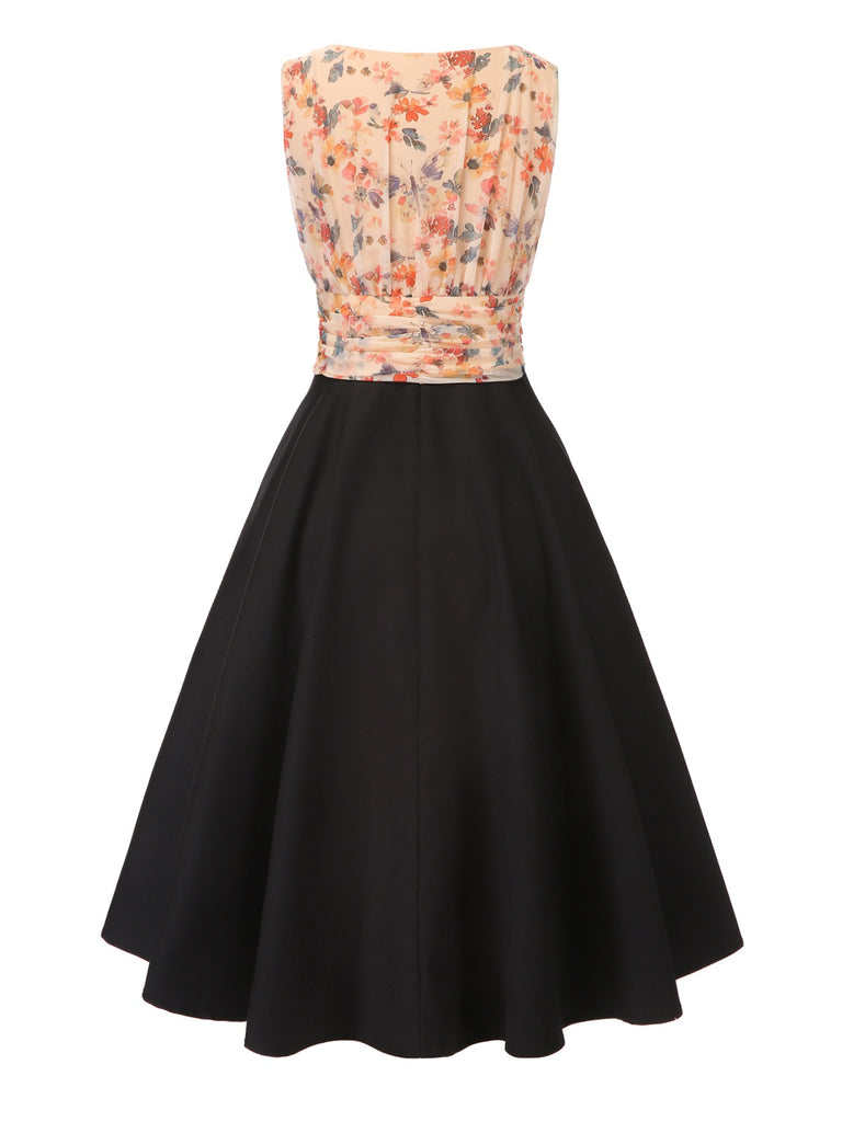 [Pre-Sale] Black 1950s Ruched Floral Mesh Patchwork Dress