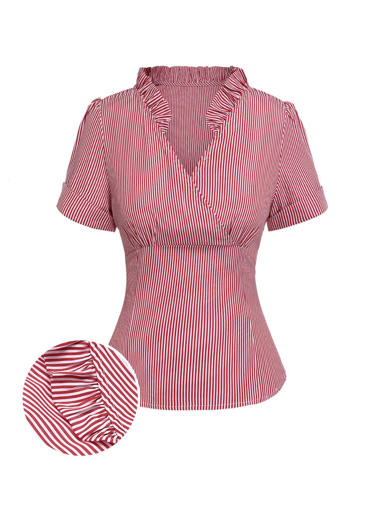 [Pre-Sale] Red 1940s Vintage Striped V-Neck Blouse