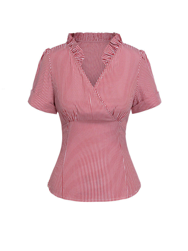 [Pre-Sale] Red 1940s Vintage Striped V-Neck Blouse