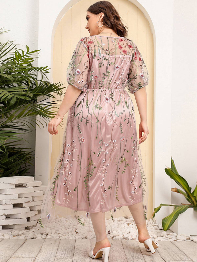 [Plus Size] 1940s Floral Embroidered Mesh Dress