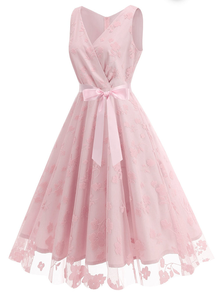 1950s V-Neck Flocked Floral Mesh Dress