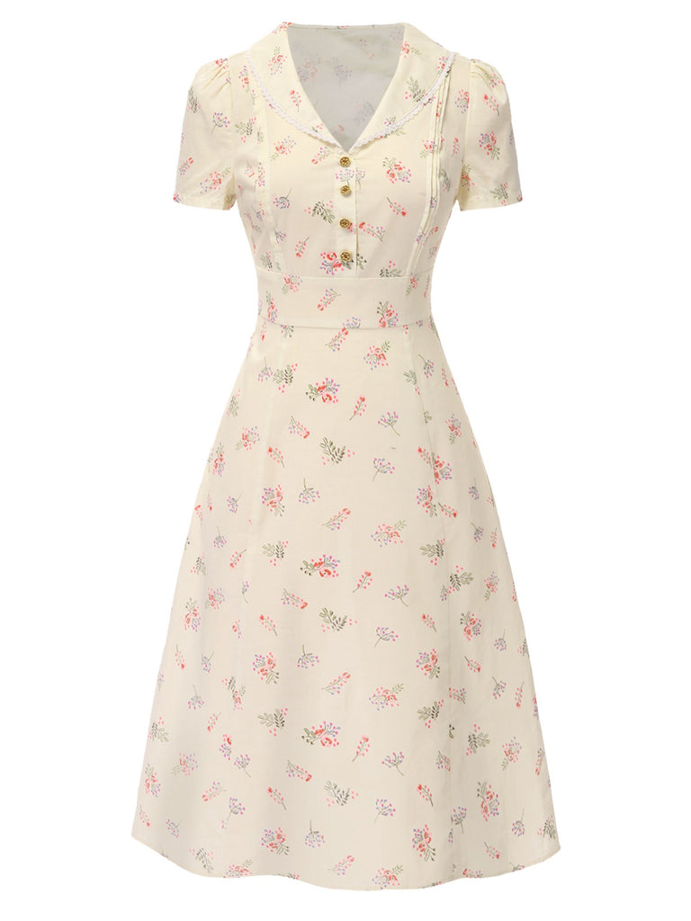 [Pre-Sale] Beige 1940s Puff Sleeves Cotton Floral Dress