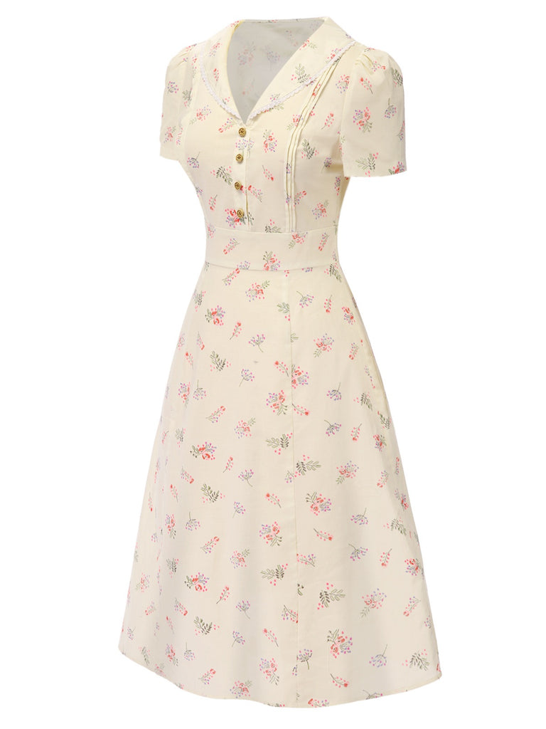 [Pre-Sale] Beige 1940s Puff Sleeves Cotton Floral Dress