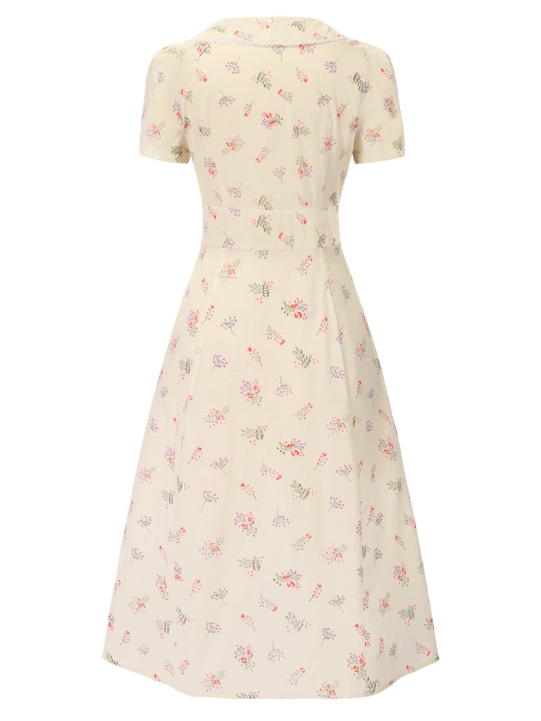 [Pre-Sale] Beige 1940s Puff Sleeves Cotton Floral Dress