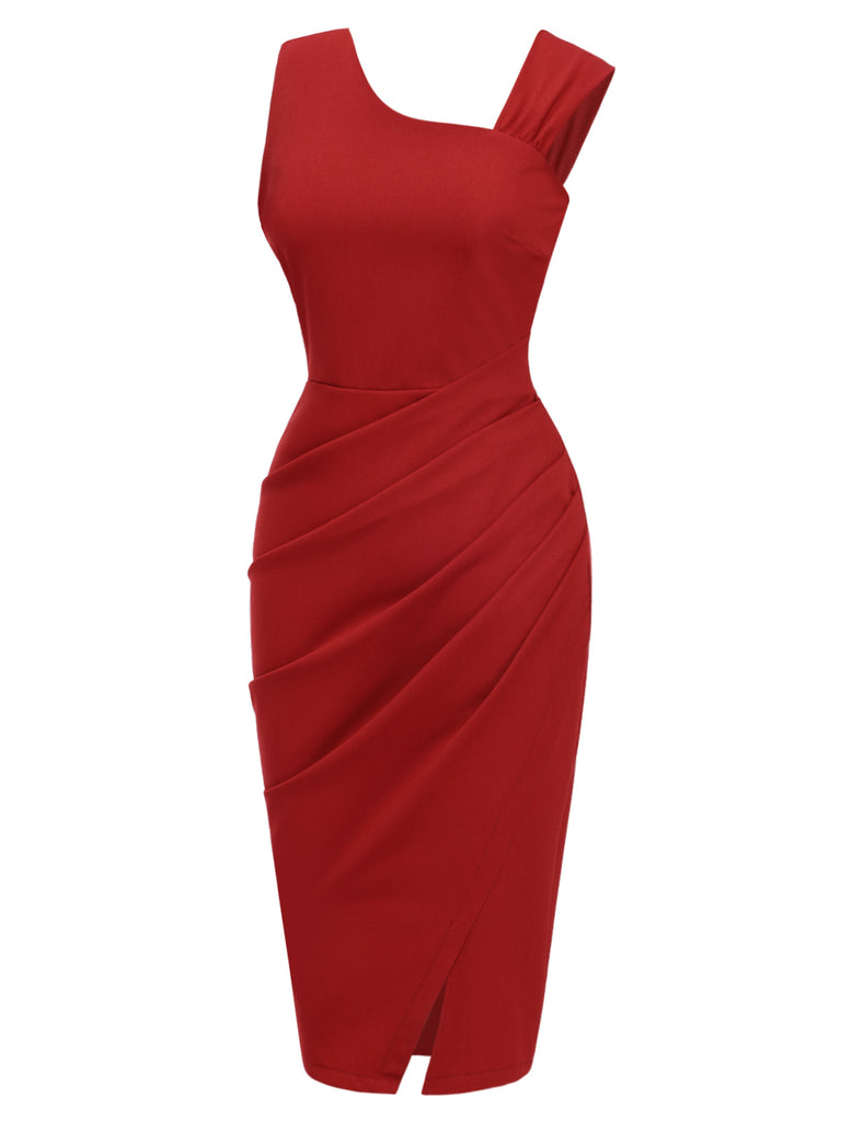 [Pre-Sale] Red 1960s Solid Asymmetric Collar Pleated Dress