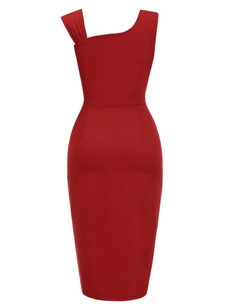 [Pre-Sale] Red 1960s Solid Asymmetric Collar Pleated Dress