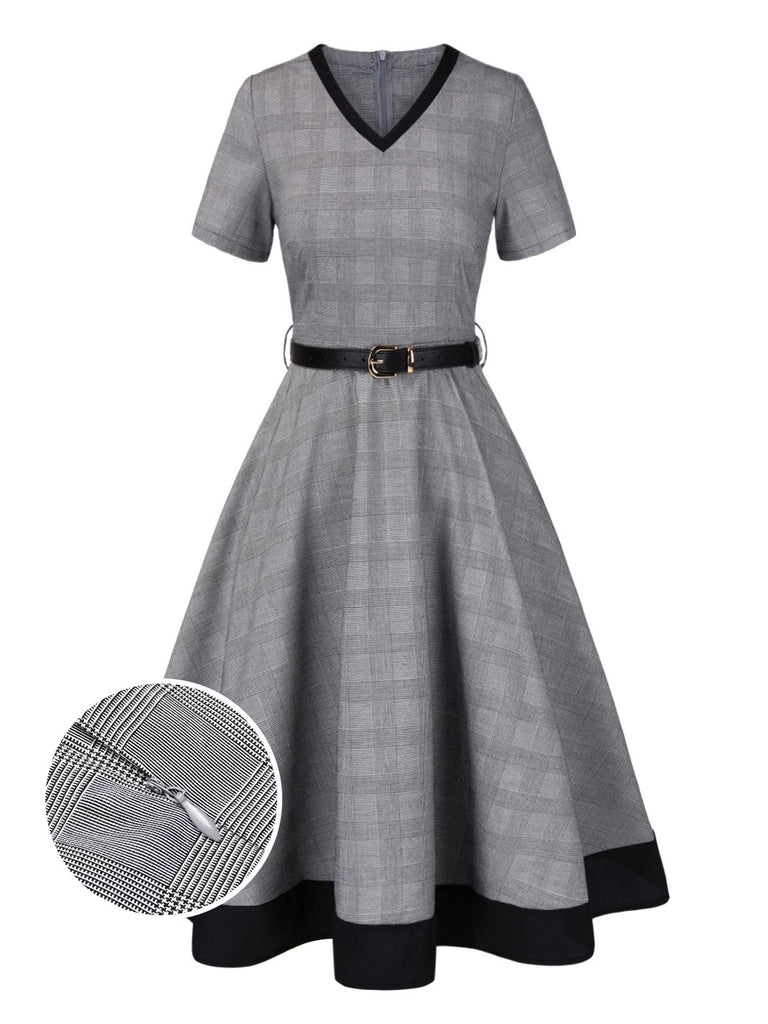 Grey 1950s Houndstooth Belted Dress