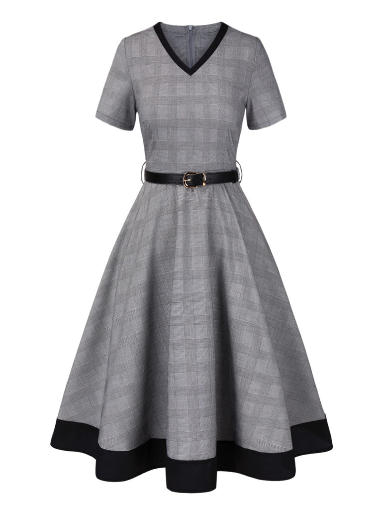 Grey 1950s Houndstooth Belted Dress