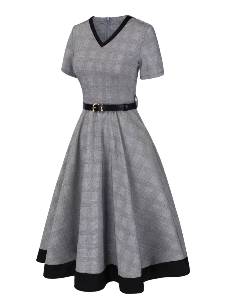 [Pre-Sale] Grey 1950s Houndstooth Belted Dress