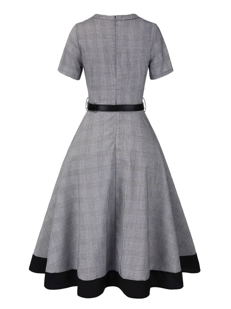 Grey 1950s Houndstooth Belted Dress