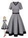 Grey 1950s Houndstooth Belted Dress