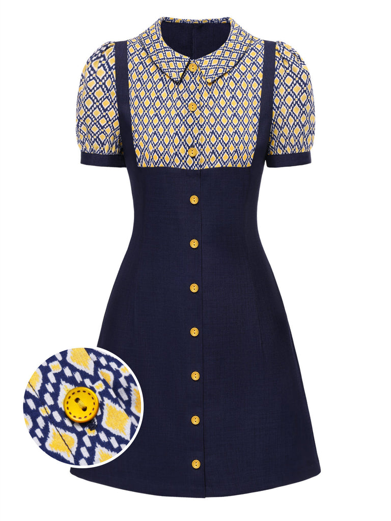 [Pre-Sale] Blue 1960s Peter Pan Collar Diamond-Print Dress