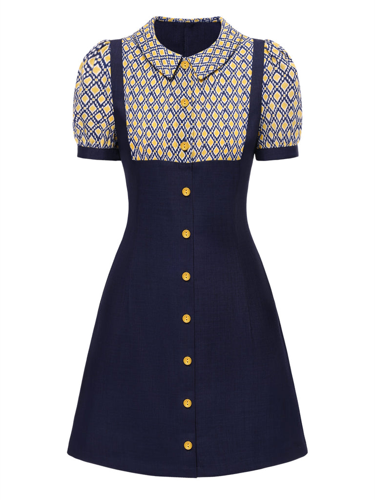 [Pre-Sale] Blue 1960s Peter Pan Collar Diamond-Print Dress