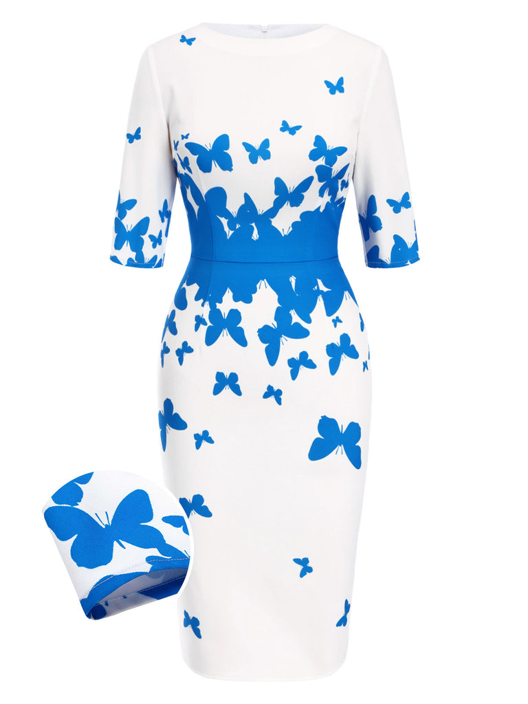 [Pre-Sale] Blue 1960s Round Neck Butterfly Pencil Dress