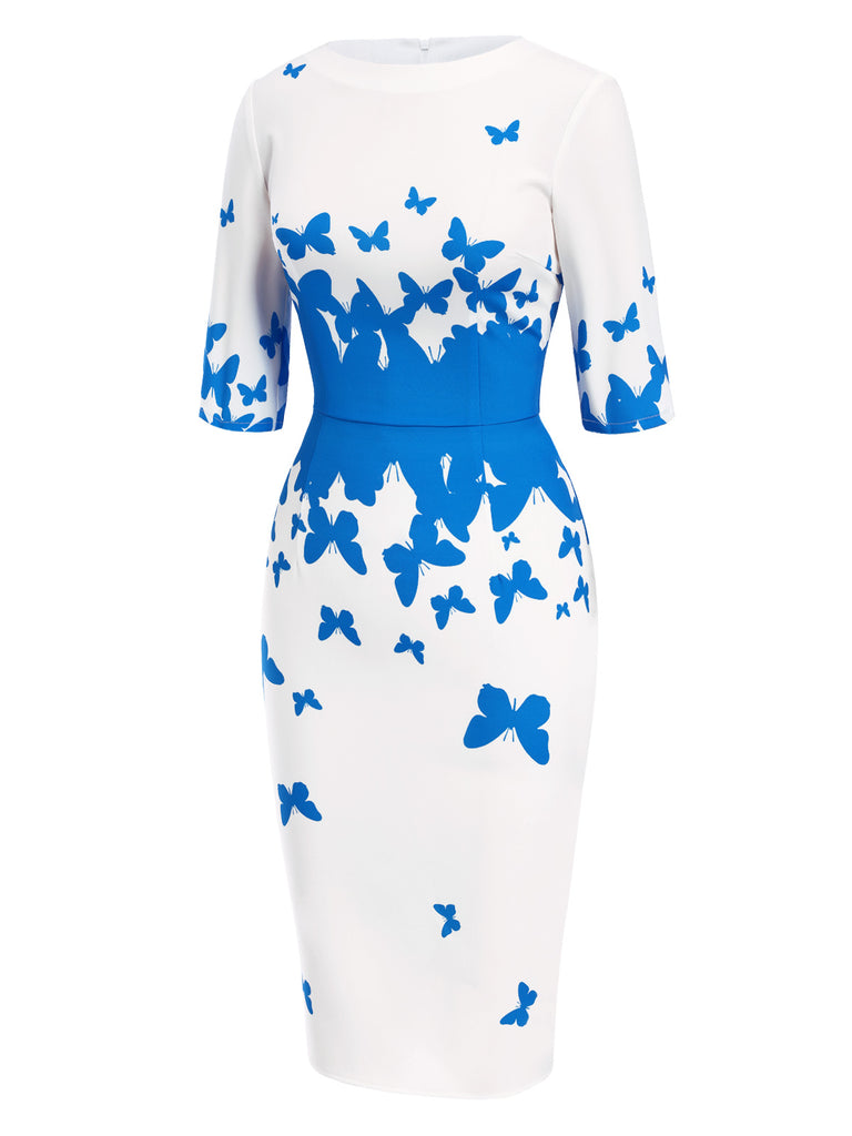 [Pre-Sale] Blue 1960s Round Neck Butterfly Pencil Dress