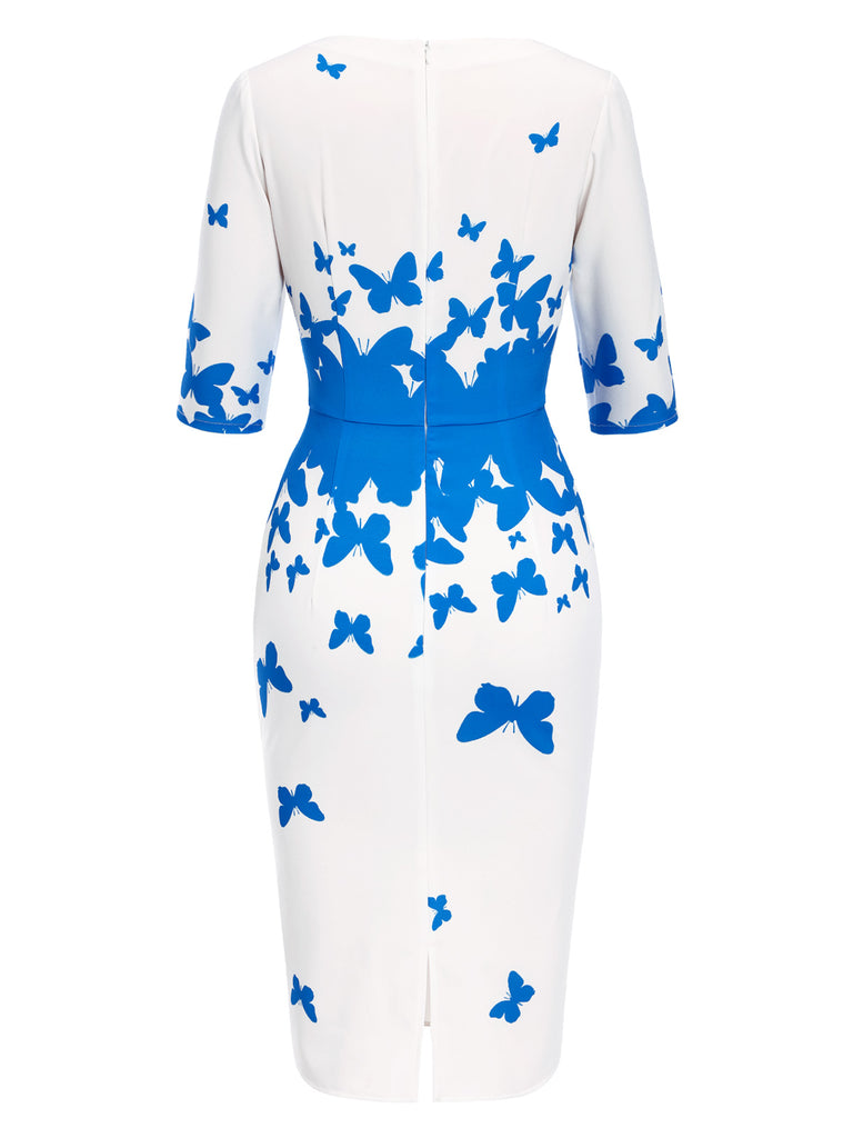 [Pre-Sale] Blue 1960s Round Neck Butterfly Pencil Dress