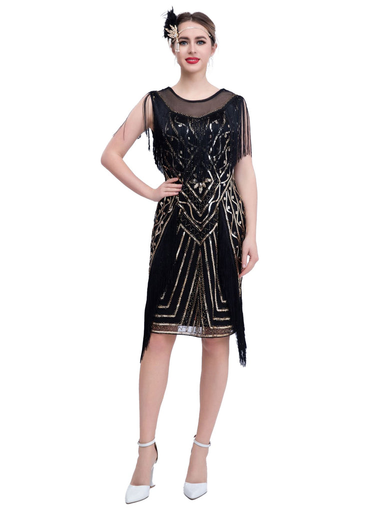 1920s Gatsby Sheer Neck Tassel Sequins Dress