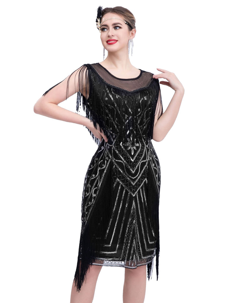 1920s Gatsby Sheer Neck Tassel Sequins Dress