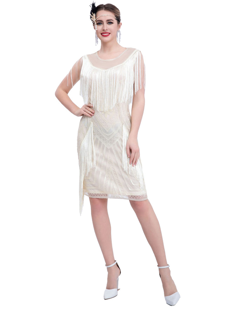 1920s Gatsby Sheer Neck Tassel Sequins Dress