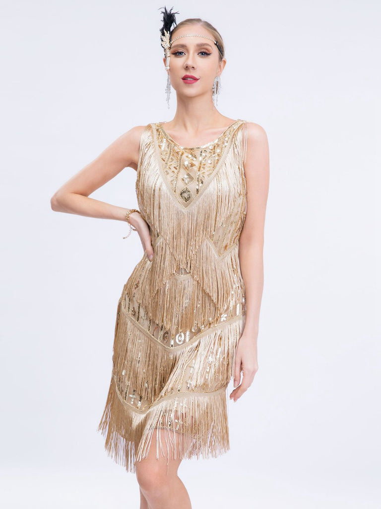 Gold 1920s Gatsby Sequins Tassel Patchwork Dress