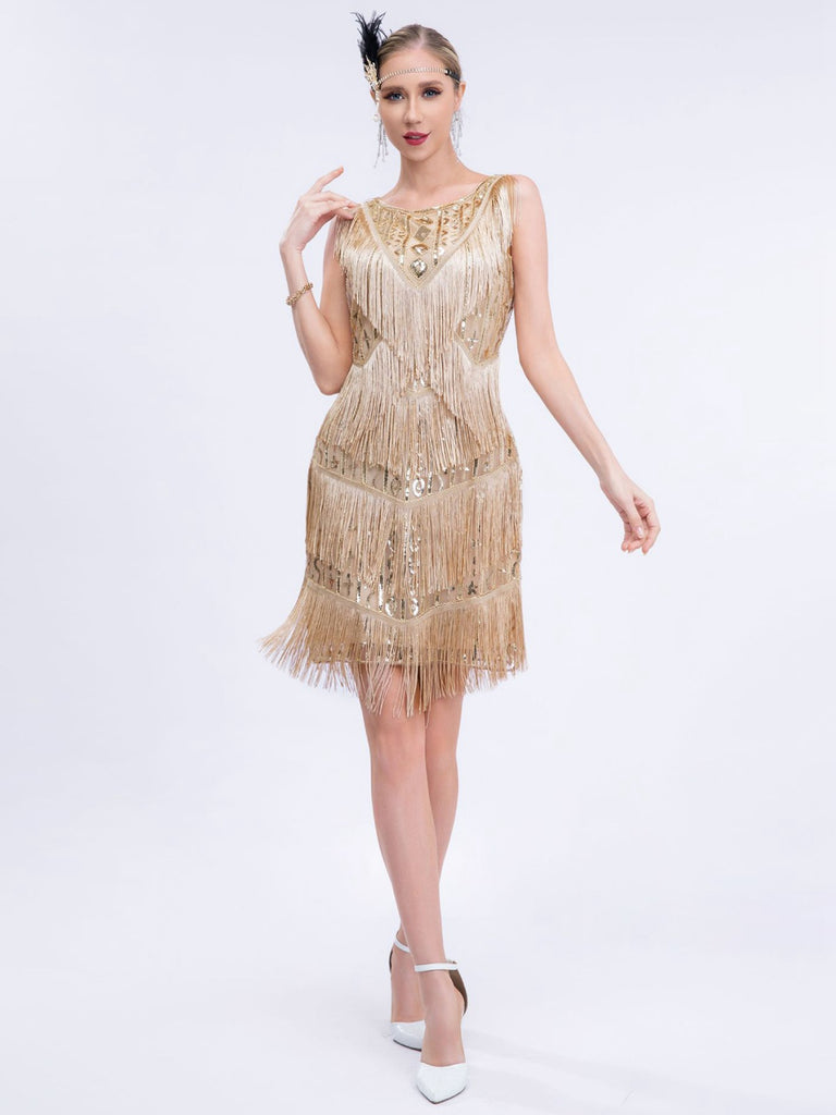 Gold 1920s Gatsby Sequins Tassel Patchwork Dress