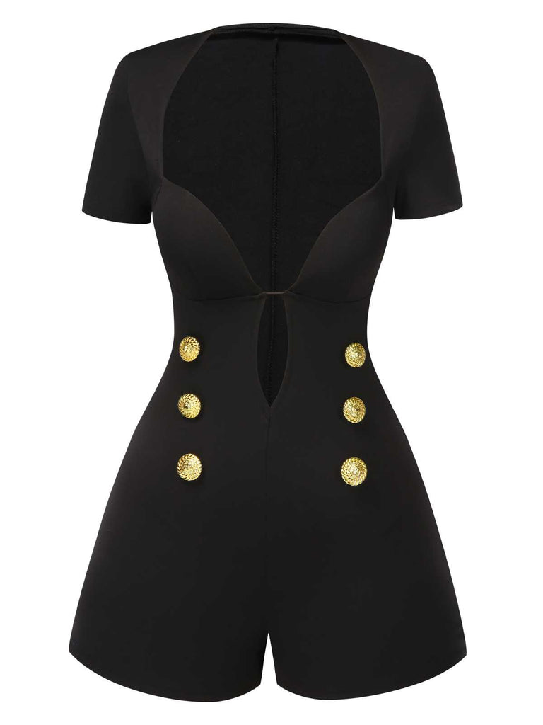 Black 1950s Cut-Out Buttoned Solid Romper