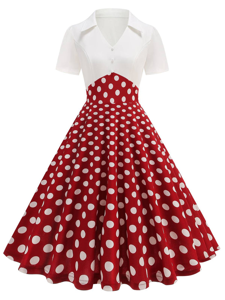 1950s Lapel Polka Dots Patchwork Swing Dress