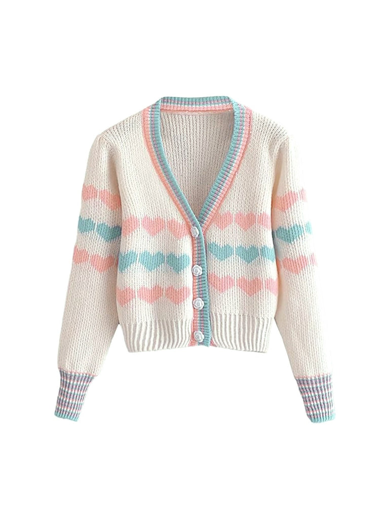 Multicolor 1960s Hearts Rose Button Cardigan