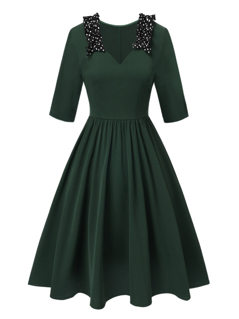 [Pre-Sale] Green 1950s Dots Ruffle Collar V-Neck Dress