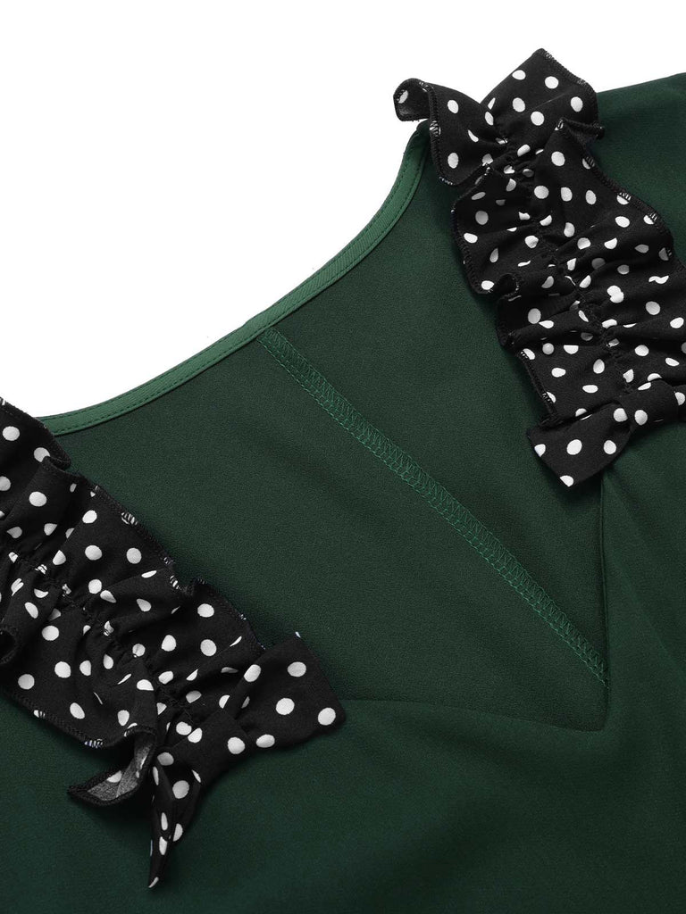 [Pre-Sale] Green 1950s Dots Ruffle Collar V-Neck Dress