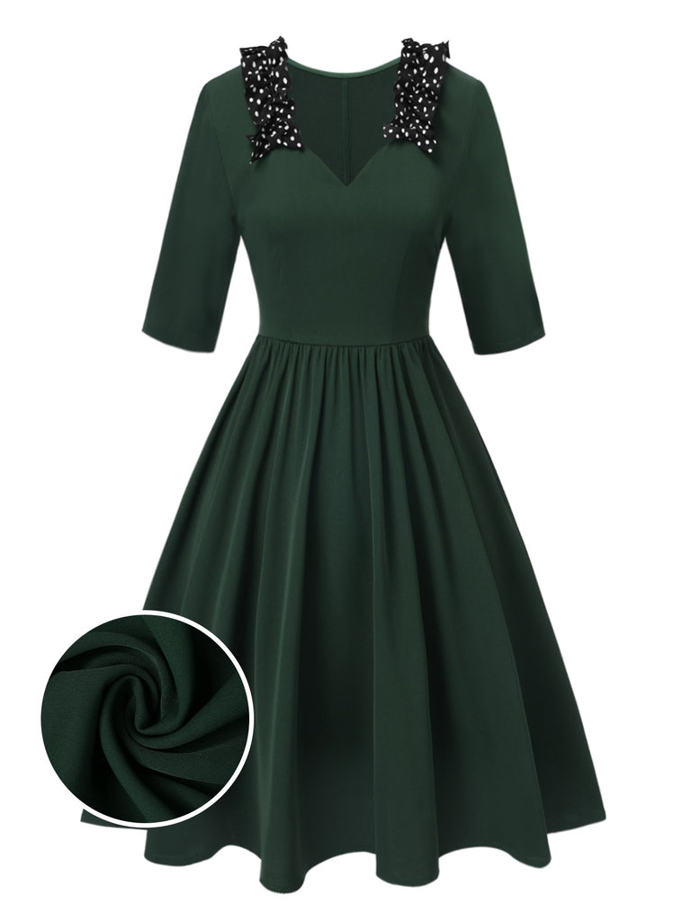 [Pre-Sale] Green 1950s Dots Ruffle Collar V-Neck Dress