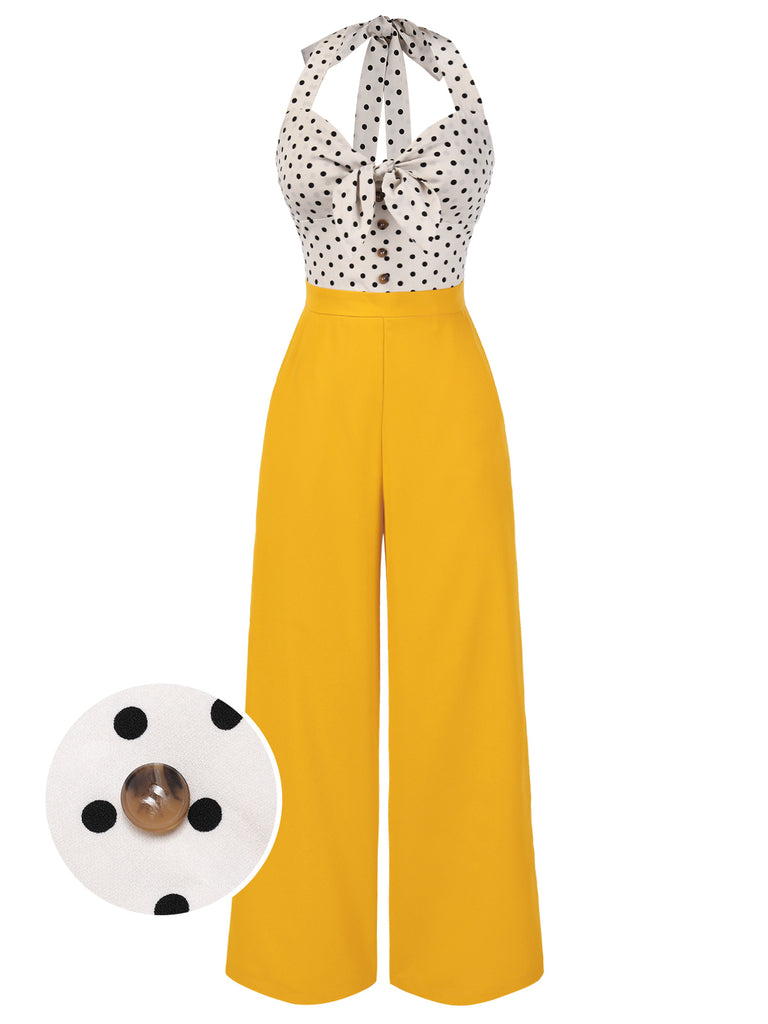 [Pre-Sale] Yellow 1940s Halter Heart Neck Polka Dots Jumpsuit