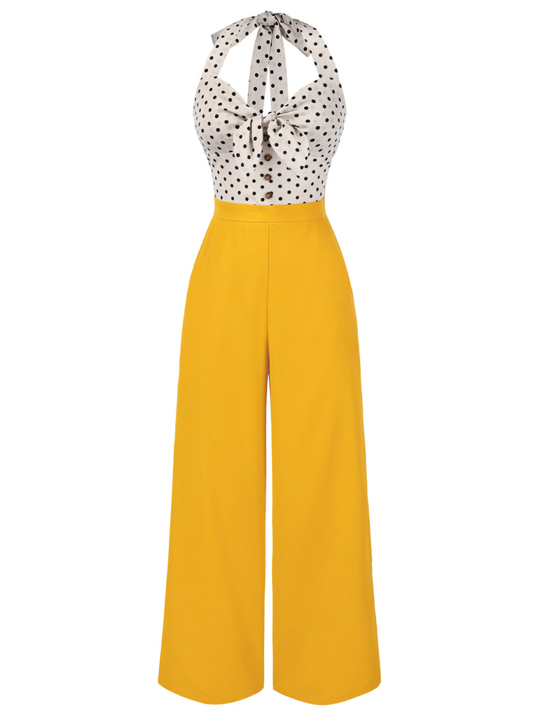 [Pre-Sale] Yellow 1940s Halter Heart Neck Polka Dots Jumpsuit