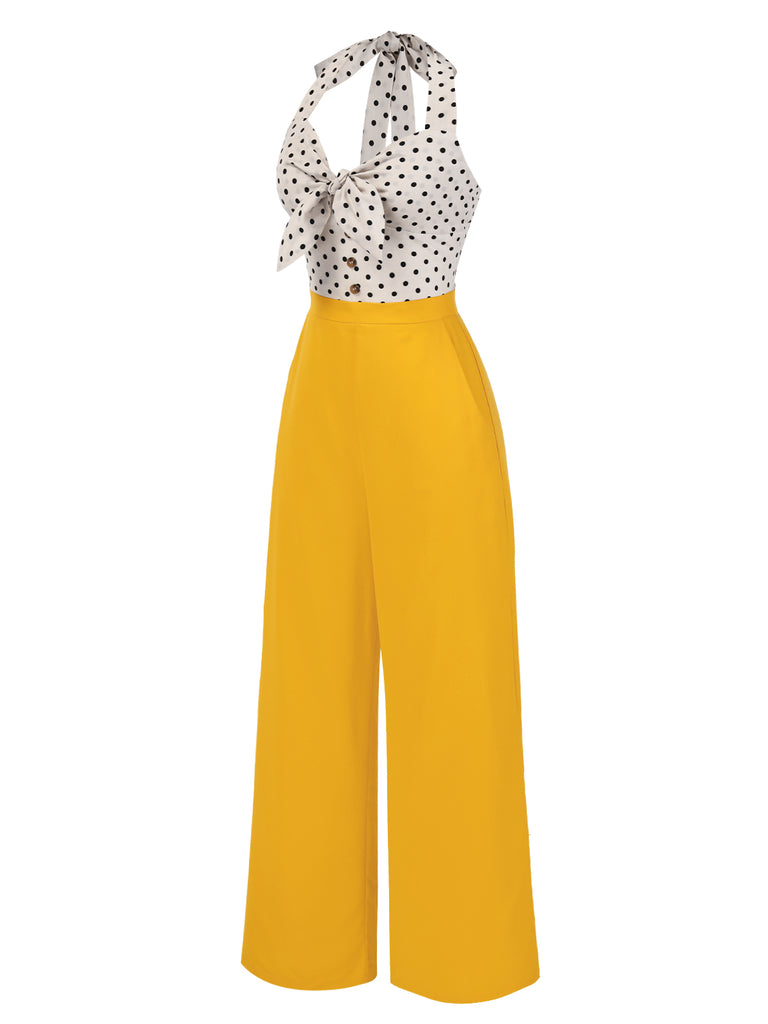 [Pre-Sale] Yellow 1940s Halter Heart Neck Polka Dots Jumpsuit