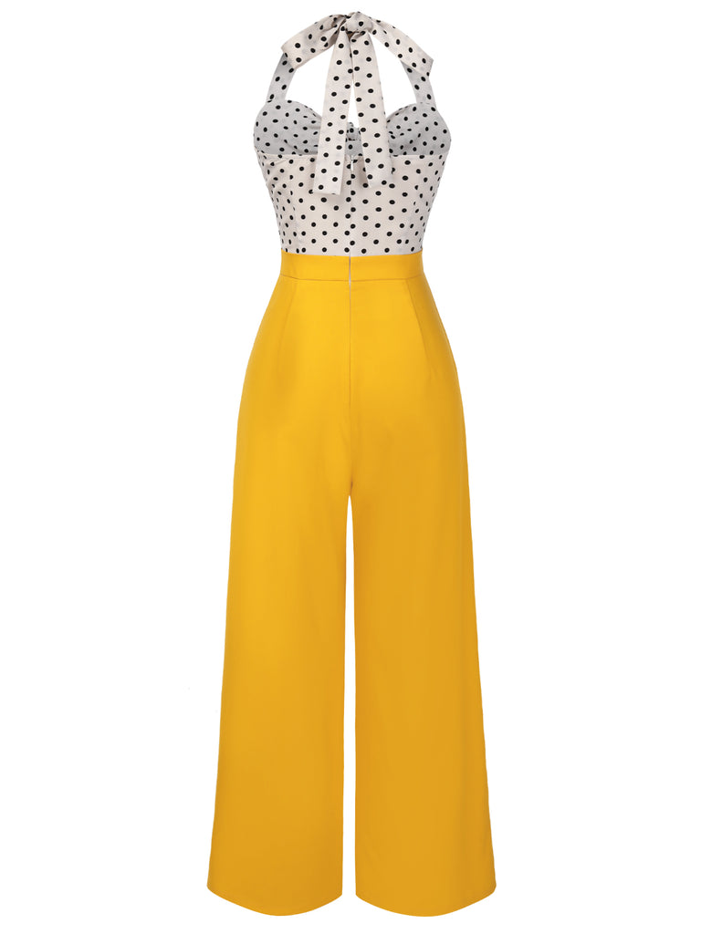 [Pre-Sale] Yellow 1940s Halter Heart Neck Polka Dots Jumpsuit