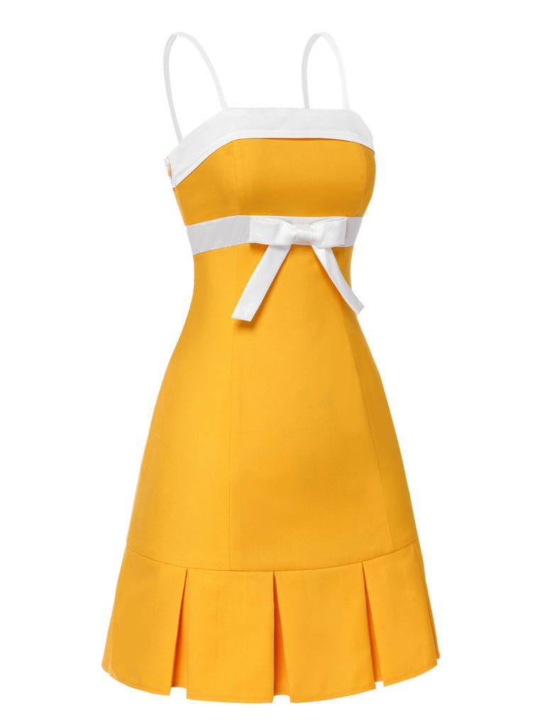 [Pre-Sale] Yellow 1960s Spaghetti Strap Colorblock Bow Dress