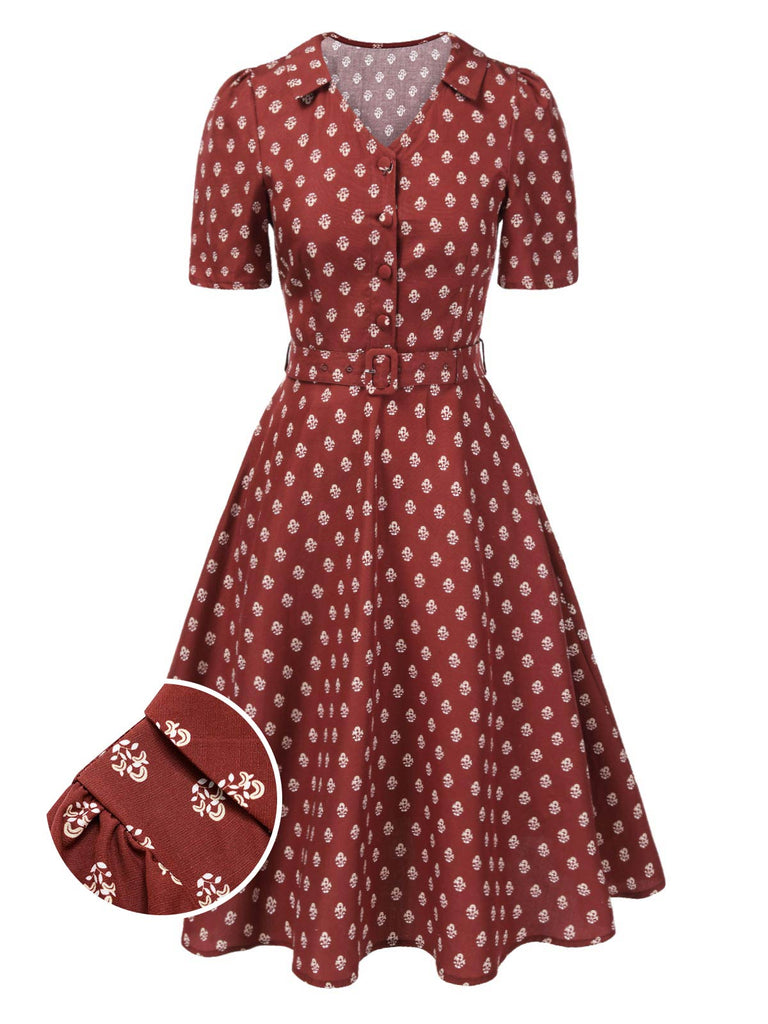 [Pre-Sale] Brick Red 1940s Ethnic Print Lapel Dress