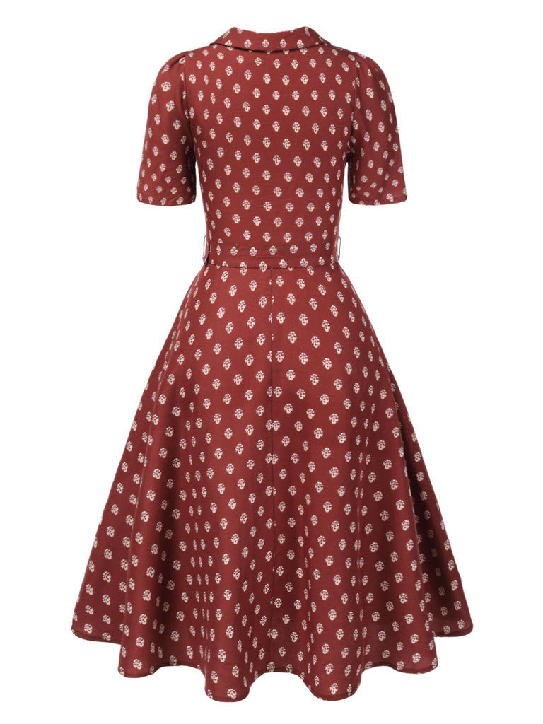 [Pre-Sale] Brick Red 1940s Ethnic Print Lapel Dress